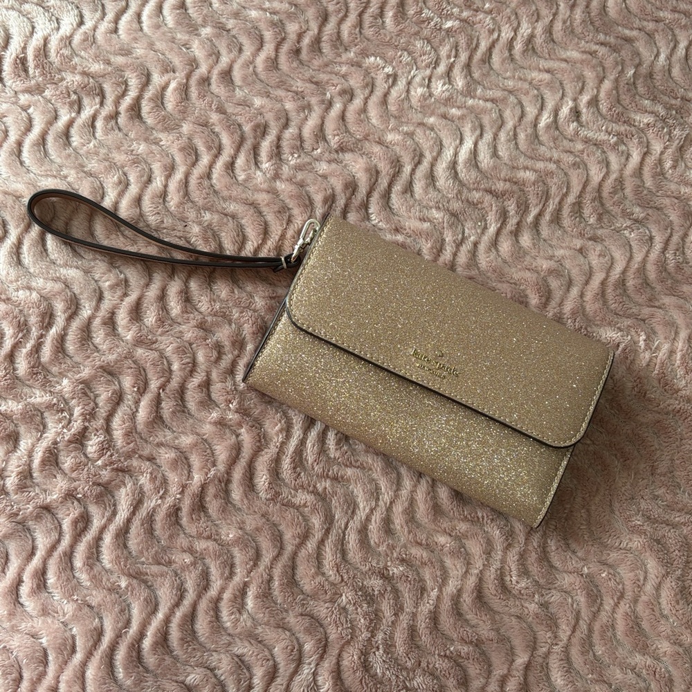 NWOT Kate Spade Sparkling Rose Gold Tinsel Phone Wallet Wristlet - Picture 2 of 6